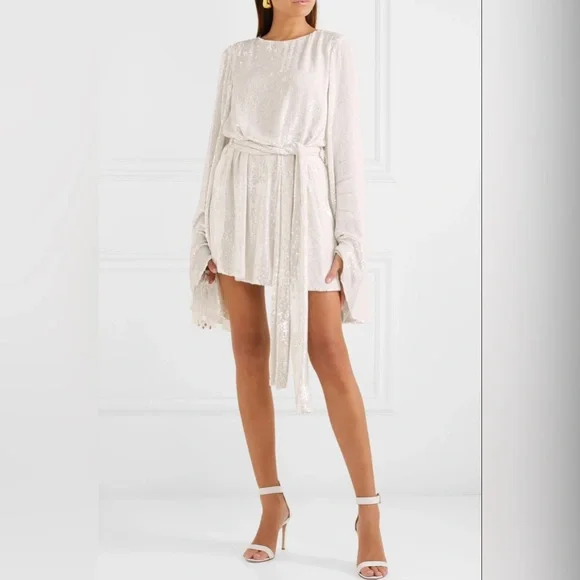 NWT Caroline Constas White Sequin Anya Party Dress Bell Sleeve S/M $895  Retail - threedaughtersproperties.com